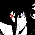  1boy aboude_art artist_name black_hair closed_mouth commentary english_commentary instagram_logo instagram_username limited_palette looking_at_viewer male_focus mangekyou_sharingan naruto_(series) naruto_shippuuden red_eyes rinnegan sharingan short_hair signature solo spiky_hair spot_color uchiha_sasuke violet_eyes 