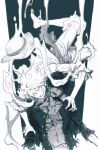  blood blood_on_face commentary greyscale hagoromo hat highres male_focus monkey_d._luffy monochrome one_piece open_clothes open_shirt red_eyes sandals sash scar scar_on_chest scar_on_face shawl short_hair shorts smile spot_color straw_hat tkr_(lovedelic99) 