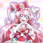  1girl blush bow_hairband cone_hair_bun cure_precious delicious_party_precure double_bun dress earrings hair_bun hairband head_tilt heart heart_hands highres jewelry magical_girl momo_usagi nagomi_yui open_mouth pink_hair precure smile solo two_side_up violet_eyes 