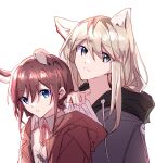  2girls absurdres animal_ears blue_eyes cat_ears commentary drawstring girls_band_cry grey_hoodie hashtag-only_commentary hibioes highres hood hoodie iseri_nina jacket kawaragi_momoka kemonomimi_mode light_brown_hair mouse_ears multiple_girls neck_ribbon parted_lips pink_eyes plant_roots red_jacket redhead ribbon shirt short_twintails simple_background twintails white_background white_shirt 