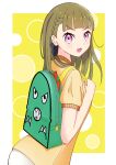  1girl animal_bag backpack bag black_bow blunt_bangs border bow braid brown_hair center-flap_bangs circle commentary_request dinosaur fury_197 green_bag hair_bow highres holding_strap kachimachi_kosuzu leaning_forward link!_like!_love_live! long_hair looking_at_viewer looking_to_the_side love_live! open_mouth orange_shirt outside_border pink_eyes shirt short_sleeves side_ahoge side_braids smile solo straight_hair striped_bow upper_body v-shaped_eyebrows virtual_youtuber white_border yellow_background 