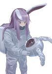  1girl alternate_costume animal_ears commentary cowboy_shot from_side helmet highres holding holding_helmet kiyonetto long_hair looking_down purple_hair rabbit_ears red_eyes reflection reisen_udongein_inaba simple_background solo space_helmet spacesuit touhou unworn_headwear unworn_helmet white_background 