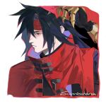  1boy black_hair black_shirt border cape clawed_gauntlets cloak closed_mouth commentary final_fantasy final_fantasy_vii gauntlets gold_gloves hair_between_eyes hair_intakes hashtag-only_commentary headband high_collar highres long_gair looking_to_the_side male_focus profile red_cape red_cloak red_eyes red_headband shirt solo sumisakana twitter_username undershirt vincent_valentine white_border 
