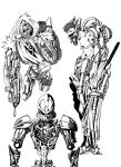  1boy bionicle cable collarbone cyborg furauji greyscale gun highres holding holding_gun holding_weapon hood hood_up humanoid_robot hunched_over kanohi_(bionicle) looking_at_viewer looking_to_the_side mask mechanical_arms monochrome mouth_mask one-eyed original robot short_hair single_mechanical_arm the_lego_group topless_male vakama_(bionicle) weapon white_background 