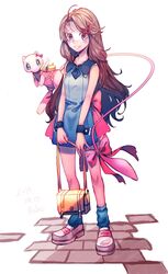  1girl 2019 adapted_costume artist_name bag black_necktie black_wrist_cuffs blue_dress blue_socks bow brown_hair dated dress grin hair_bow hair_intakes handbag highres holding holding_bag leaf_(pokemon) legs_apart long_hair mew_(pokemon) necktie pokemon pokemon_(creature) pokemon_frlg r.aka. red_bow shoes short_dress short_necktie sleeveless sleeveless_dress smile socks standing very_long_hair white_eyes wrist_cuffs yellow_bag 