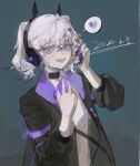  1girl 2020 animal_ear_headphones animal_ears black_choker black_jacket choker dated fake_animal_ears fangs grey_hair hair_between_eyes hair_ornament hands_up headphones heart highres holding holding_phone jacket long_sleeves looking_at_viewer open_clothes open_jacket open_mouth original phone purple_nails shirt simple_background smile solo spoken_heart twintails upper_body violet_eyes white_hair white_shirt youliyouliv 
