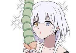  1girl :o bang_dream! bang_dream!_it&#039;s_mygo!!!!! blue_eyes collarbone commentary hashtag-only_commentary heterochromia highres holding holding_ice_cream_cone ice_cream_cone kaname_raana matcha_(food) open_mouth rienz simple_background solo sparkle upper_body white_background white_hair yellow_eyes 