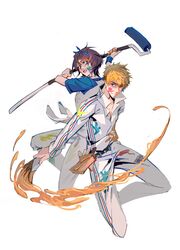  1boy 1girl black_hair bleach brown_eyes collared_shirt galiao hair_between_eyes holding holding_paint_roller holding_paintbrush kuchiki_rukia kurosaki_ichigo long_sleeves looking_at_viewer orange_hair paint_in_hair paint_on_clothes paint_roller paint_splatter paint_splatter_on_face paintbrush pants popped_collar shirt smile spiky_hair t-shirt violet_eyes white_background white_pants white_shirt 