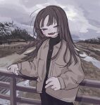  1girl absurdres black_sweater brown_hair brown_jacket clouds cloudy_sky day fang half-closed_eyes highres jacket jewelry long_hair long_sleeves looking_at_viewer necklace open_clothes open_jacket open_mouth original outdoors railing sky solo sweater yunoki_itsugu 