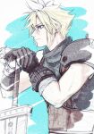  1boy armor black_gloves blonde_hair blue_eyes blue_sweater buster_sword closed_mouth cloud_strife commentary earrings final_fantasy final_fantasy_vii final_fantasy_vii_rebirth final_fantasy_vii_remake gloves hair_between_eyes hand_on_hilt highres holding holding_sword holding_weapon jewelry male_focus profile short_hair shoulder_armor single_bare_shoulder sleeveless sleeveless_turtleneck solo spiky_hair stud_earrings sweater sword turtleneck turtleneck_sweater uimooo1 upper_body weapon 