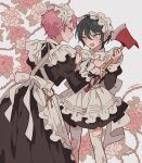  2boys apron axe bad_id bad_pixiv_id black_dress blue_eyes crossdressing dress ensemble_stars! fang floral_background flower frilled_apron frills green_hair hair_between_eyes hands_up heterochromia highres holding holding_axe itsuki_shu juliet_sleeves kagehira_mika key long_sleeves looking_at_another maid male_focus male_maid meremero multiple_boys open_mouth pantyhose pink_hair plant puffy_sleeves red_flower red_rose rose short_bangs short_hair smile standing thorns torn_clothes torn_pantyhose vines white_apron white_pantyhose yellow_eyes 