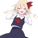  1girl ascot blonde_hair bow collared_shirt double_v fang hair_bow highres long_sleeves open_mouth rouka rumia shirt short_hair skin_fang skirt skirt_set smile solo touhou translated v 