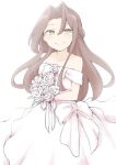  1girl akara_kai alternate_costume bare_shoulders bouquet brown_eyes brown_hair cowboy_shot dress hair_intakes highres holding holding_bouquet kantai_collection long_hair off-shoulder_dress off_shoulder simple_background smile solo white_background white_dress zuihou_(kancolle) 