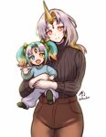  2girls aged_down alternate_costume alternate_hairstyle aqua_hair artist_name blonde_hair blue_eyes fire_emblem fire_emblem_heroes forehead_jewel grey_hair gullveig_(fire_emblem) heidr_(fire_emblem) hetero highres looking_at_viewer mother_and_daughter multiple_girls onesie open_mouth ribbed_sweater rotomdocs smile sweater turtleneck turtleneck_sweater white_background yellow_eyes 