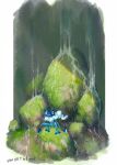  absurdres closed_eyes closed_mouth commentary_request facing_viewer frogadier highres moss no_humans obane_(desert00) pokemon pokemon_(creature) rock signature sitting solo water 