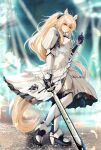  1girl absurdres animal_ear_fluff animal_ears arknights armor black_bow blemishine_(arknights) blonde_hair bow breastplate brown_eyes fur-trimmed_armor fur_trim gloves highres hiro_gxan5583 holding holding_sword holding_weapon horse_ears horse_girl horse_tail implied_extra_ears long_hair plate_armor ponytail solo sword tail weapon 