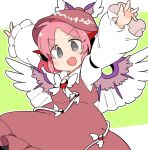  1girl animal_ears arms_up bird_ears bird_wings blush brown_dress brown_hat dress fang frilled_dress frilled_sleeves frills grey_eyes hat ini_(inunabe00) long_sleeves mystia_lorelei open_mouth pink_hair short_hair skin_fang sleeve_garter smile solo touhou white_wings wide_sleeves winged_hat wings 