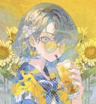  1girl blue_eyes blue_nails cup drinking drinking_straw drinking_straw_in_mouth earrings fingernails flower grey_hair hair_between_eyes ham_melon_(iloha_24) highres holding holding_cup ice ice_cube jewelry leaf lemonade looking_at_viewer looking_over_eyewear nail_polish original round_eyewear shirt short_hair solo sunflower sunglasses sunlight tinted_eyewear upper_body yellow-tinted_eyewear yellow_theme 