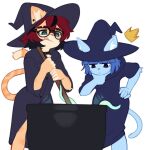  2girls :q aeiou_(yoako) animal_ears black-framed_eyewear black_hair black_hat black_robe blue_hair cat_ears cat_girl cat_tail character_request furry furry_female glasses hat holding holding_stick multicolored_hair multiple_girls original redhead robe short_hair simple_background stick tail tentacles tongue tongue_out two-tone_hair white_background witch witch_hat yoako 