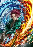  1boy artist_name checkered_haori closed_mouth demon_slayer_uniform earrings fire green_kimono hanafuda_earrings holding holding_sword holding_weapon japanese_clothes jewelry kamado_tanjirou katana kimetsu_no_yaiba kimono male_focus red_eyes redhead scar scar_on_face scar_on_forehead short_hair slashing solo sword upper_body v-shaped_eyebrows vinrylgrave water watermark weapon 