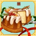  artist_logo cake cake_slice cinnamon_stick food food_focus highres icing no_humans original pastry red_ribbon ribbon yuki00yo 