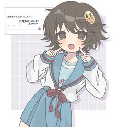  1girl :d blue_sailor_collar blue_skirt brown_eyes brown_hair cowboy_shot fingers_to_cheeks highres kita_high_school_uniform long_sleeves looking_at_viewer nanonome open_mouth pleated_skirt red_ribbon ribbon sailor_collar school_uniform serafuku shirt short_hair simple_background skirt smile smiley_hair_ornament solo standing suzumiya_haruhi_no_yuuutsu tongue watahashi_yasumi white_background white_shirt 