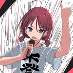  1girl 7n7nurur absurdres blue_eyes commentary_request girls_band_cry highres holding holding_microphone iseri_nina looking_at_viewer microphone music open_mouth red_nails redhead shikai_no_sumi_kuchiru_oto shirt short_twintails singing solo sweat twintails upper_body white_shirt 