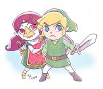  1boy 1girl beak blonde_hair dated full_body green_hair grey_eyes hand_on_another&#039;s_shoulder harp highres holding holding_sword holding_weapon instrument kujira_gunsou link looking_at_viewer medli pointy_ears pointy_hat red_eyes redhead rito shield signature standing sword the_legend_of_zelda the_legend_of_zelda:_the_wind_waker toon_link weapon 