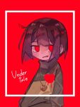  1other ahoge brown_hair chara_(undertale) dande_lion2604 green_sweater heart heart_necklace jewelry long_sleeves looking_to_the_side necklace open_mouth red_background red_eyes short_hair simple_background smile solo sweater undertale upper_body 