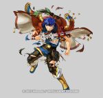  1boy blue_eyes blue_hair cape company_name fire_emblem fire_emblem:_path_of_radiance fire_emblem_heroes flower full_body gloves headband holding holding_sword holding_weapon ike_(fire_emblem) ike_(valentine)_(fire_emblem) injury jacket kita_senri male_focus official_art one_eye_closed short_hair simple_background solo sword torn_clothes weapon 