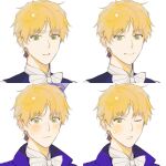  1boy blonde_hair blue_coat blue_vest blush bow bowtie character_request closed_mouth coat collared_coat collared_shirt copyright_request drop_earrings earrings eji_gakuki empty_eyes expressions green_eyes highres jewelry looking_at_viewer male_focus one_eye_closed parted_lips shirt short_hair simple_background smile spade_(shape) spade_earrings sweatdrop teeth variations vest white_background white_bow white_bowtie white_shirt 