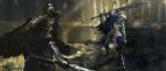  1boy 1other absurdres architecture armor armored_boots artorias_the_abysswalker asaki_(asaki_vision) blue_cape boots breastplate cape chosen_undead commentary_request dark_souls_(series) dark_souls_i faulds fighting_stance full_armor full_body gauntlets greaves helm helmet highres holding holding_sword holding_weapon huge_weapon light_particles looking_at_another over_shoulder pauldrons ready_to_draw shoulder_armor standing sword sword_over_shoulder torn_cape torn_clothes weapon weapon_over_shoulder 
