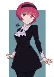  1girl android bob_cut breasts closed_mouth cosplay dorothy_haze dress english_commentary hairband joints looking_at_viewer mateus_upd name_connection pantyhose r_dorothy_wayneright redhead robot_joints short_hair smile solo the_big_o va-11_hall-a 