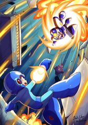  2boys absurdres armor aura battle black_bodysuit blue_armor blue_bodysuit blue_helmet bodysuit clenched_hand dated highres innovator123 male_focus mega_man_(character) mega_man_(classic) mega_man_(series) mega_man_day mega_man_v multiple_boys rocket_punch signature sunstar_(mega_man) 