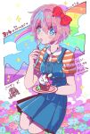  2girls animal-themed_food arrow_(symbol) artist_request bad_id bad_pinterest_id bare_arms blue_dress blue_eyes blue_sky blush_stickers bow brown_hair clouds collared_shirt cupcake dated denim_dress doki_doki_literature_club dress eating eyelashes field flower flower_field food fork full_body green_eyes hair_between_eyes hair_bow head_only high_ponytail highres holding holding_fork holding_plate kneeling knees long_hair looking_at_viewer medium_dress monika_(doki_doki_literature_club) mountain multiple_girls open_mouth orange_shirt pink_hair plate pleated_dress red_bow sayori_(doki_doki_literature_club) shirt short_hair short_sleeves sky sleeveless sleeveless_dress smile solo_focus source_request sparkle striped_clothes striped_shirt third-party_source translation_request twitter_username two-tone_shirt utensil_in_mouth white_bow white_shirt 