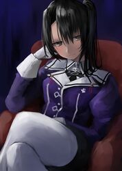  1girl 73suke absurdres black_hair black_skirt brown_eyes couch crossed_legs feet_out_of_frame gloves highres jacket juliet_sleeves kantai_collection long_sleeves looking_at_viewer military_uniform nachi_(kancolle) nachi_kai_ni_(kancolle) pantyhose pencil_skirt puffy_sleeves purple_jacket side_ponytail sitting skirt solo uniform white_gloves white_pantyhose 