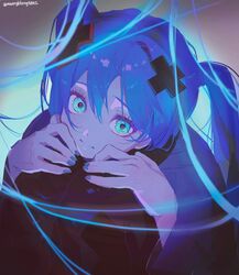  1girl black_pantyhose black_theme blue_eyes blue_hair blue_nails blue_theme closed_mouth commentary_request expressionless eyelashes eyes_visible_through_hair feet_out_of_frame fingernails from_above glowing glowing_hair grey_background hair_between_eyes hair_flowing_over hair_ornament hands_on_own_knees hatsune_miku head_rest highres kneeling knees_to_chest korean_commentary kowareta_sekai_to_utaenai_miku light_blush limited_palette long_eyelashes long_hair long_sleeves looking_at_viewer looking_up maengkkong8852 pantyhose project_sekai raised_eyebrows sidelocks simple_background solo straight_hair tareme twintails twitter_username upper_body utaenai_miku very_long_hair vocaloid wide-eyed wide_sleeves x_hair_ornament 