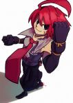  1boy adell_(disgaea) ahoge bersekwolf black_footwear black_gloves black_pants clenched_hands disgaea english_commentary full_body gloves hair_between_eyes highres looking_at_viewer makai_senki_disgaea_2 male_focus necktie pants red_eyes red_necktie redhead scar scar_on_face shoes short_hair sleeveless smile solo white_background 