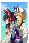  2girls ascot black_hair blonde_hair bow detached_sleeves elbow_gloves fan_over_face folded_fan folding_fan frilled_bow frilled_hair_tubes frills gloves hair_bow hair_tubes hakurei_reimu hand_fan hat hat_ribbon highres holding holding_fan long_hair long_sleeves mob_cap multiple_girls onionmay purple_tabard red_bow red_ribbon ribbon ribbon-trimmed_sleeves ribbon_trim tabard touhou violet_eyes white_gloves wide_sleeves yakumo_yukari yellow_ascot 