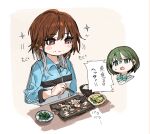 2girls aketa_mikoto black_trim blonde_hair blue_track_suit bow bowtie brown_eyes brown_hair check_translation chewing chopsticks commentary_request eating fish_(food) fish_bone food gloom_(expression) green_bow green_bowtie green_eyes green_hair highres holding holding_chopsticks idolmaster idolmaster_shiny_colors inset medium_hair multicolored_hair multiple_girls nanakusa_nichika open_mouth plate rice short_hair simple_background sparkle spawnfoxy speech_bubble sweatdrop track_suit translation_request vegetable white_trim 