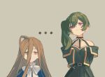  ... 2girls arms_behind_back belt black_belt bow bowtie brown_eyes brown_hair closed_mouth collarbone english_commentary expressionless green_hair hair_between_eyes highres kurattes long_hair looking_at_another looking_at_viewer multiple_girls ponytail sense_(sousou_no_frieren) side_ponytail sidelocks simple_background smile sousou_no_frieren ubel_(sousou_no_frieren) upper_body violet_eyes white_bow white_bowtie 