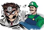  2boys ai-generated_art_(topic) blue_eyes brothers brown_hair commentary derivative_work dr._mario dr._mario_(game) english_commentary facial_hair ffrankcan2 frown glaring hat highres lab_coat luigi male_focus mario multiple_boys mustache overalls short_hair siblings simple_background sketch super_mario_bros. under_covers upper_body white_background 
