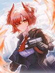  1girl arknights artist_name black_gloves black_jacket blue_sky bright_pupils clouds collared_shirt corset fiammetta_(arknights) fire gloves gun haita_(yalan527) head_wings highres holding holding_gun holding_weapon jacket long_sleeves looking_at_viewer necktie open_clothes open_jacket outdoors red_eyes red_necktie redhead serious shirt short_hair signature sky solo two_side_up upper_body weapon white_pupils white_shirt wings 