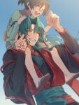  2boys :d black_hanfu blush carrying carrying_person child chinese_clothes closed_eyes command_spell fate/samurai_remnant fate_(series) green_hair hanfu highres long_hair long_sidelocks low-tied_sidelocks male_focus multiple_boys pinus_00 ponytail red_hanfu shoulder_carry simple_background sitting_on_shoulder smile zheng_chenggong_(fate) 