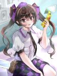  1girl absurdres brown_eyes brown_hair hat highres himekaidou_hatate holding holding_phone indoors looking_at_viewer nyarocks phone plaid plaid_skirt pointy_ears puffy_short_sleeves puffy_sleeves purple_hat purple_skirt shirt short_sleeves sitting skirt solo tokin_hat touhou twintails white_shirt 