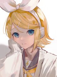  1girl :t arm_rest artist_name black_sailor_collar blonde_hair blue_eyes bob_cut bow cardigan cheek_squash close-up closed_mouth commentary flipped_hair hair_ornament hairband hairclip hand_on_own_cheek hand_on_own_face head_rest headphones highres itoka_mei_(nai) kagamine_rin looking_at_viewer loose_hair_strand neckerchief portrait sailor_collar shadow short_hair signature swept_bangs treble_clef twitter_username vocaloid white_background white_bow white_cardigan white_hairband yellow_neckerchief 