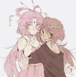  2girls alternate_costume andp3tuh bare_shoulders dick_shirt dress expressionless forehead_jewel fu_xuan_(honkai:_star_rail) grey_background hair_between_eyes highres honkai:_star_rail honkai_(series) hug long_hair looking_at_viewer multiple_girls pink_dress qingque_(honkai:_star_rail) simple_background smile tongue tongue_out upper_body v very_long_hair 