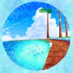  blue_sky blue_theme canvas_texture cat clouds contrail cumulonimbus_cloud fish highres looking_at_animal no_humans ocean original outdoors oyuge_design palm_tree round_image scenery sitting sky summer tree water 