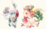  brown_eyes closed_mouth clothed_pokemon glaceon hat leafeon looking_to_the_side no_humans oharu-chan orange_hat orange_scarf painting_(medium) pokemon pokemon_(creature) scarf smile standing toes traditional_media walking watercolor_(medium) white_background 