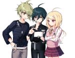  1girl 2boys ahoge akamatsu_kaede amami_rantaro antenna_hair artist_name backpack bad_id bad_twitter_id bag bandaged_wrist bandages black_jacket black_pants black_sleeves blonde_hair blue_hair blue_shirt blue_sleeves bracelet brown_necktie buttons closed_mouth collarbone collared_jacket collared_shirt commentary_request cowboy_shot crest crossed_arms dalrye_v3 danganronpa_(series) danganronpa_v3:_killing_harmony denim double-breasted eyelashes fingernails green_eyes green_hair grey_pants hair_between_eyes hair_ornament hand_on_own_chin hand_on_own_hip high_collar holding holding_tablet_pc jacket jeans jewelry korean_commentary light_blush light_frown long_hair long_sleeves looking_at_object miniskirt multiple_boys multiple_rings musical_note musical_note_hair_ornament musical_note_print necktie open_mouth pants pendant pink_vest pinstripe_jacket pinstripe_pants pinstripe_pattern pleated_skirt pocket pointing purple_skirt ring saihara_shuichi shirt simple_background skirt striped_clothes striped_shirt tablet_pc v-neck v-shaped_eyebrows vertical-striped_sleeves vest violet_eyes white_background white_bag white_shirt white_sleeves white_undershirt yellow_eyes 